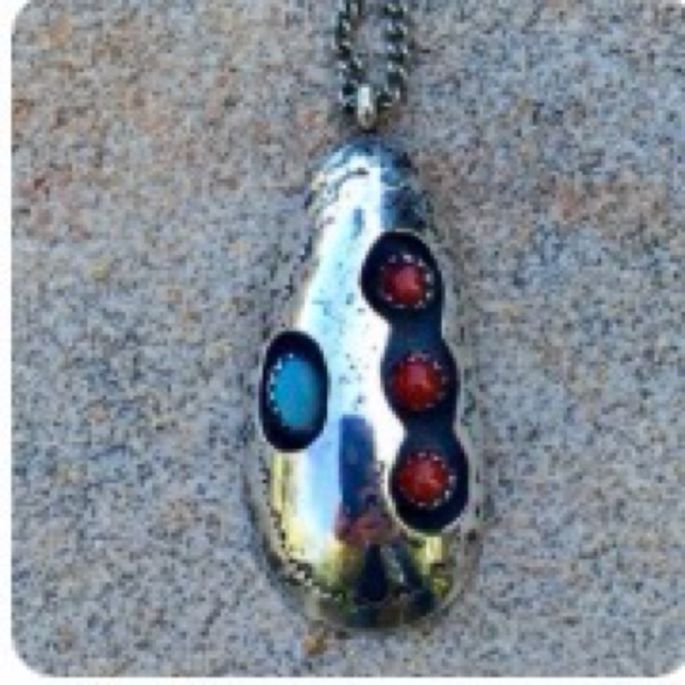 .925 Polished Vintage Navajo Picture Frame Turquoise & Coral Pendant signed TCM